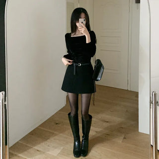Velour square neck puff sleeve blouse