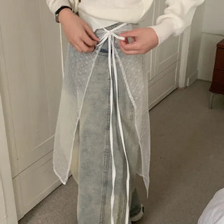Long lace white ribbon layered skirt