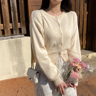 Pink round-neck loose-fitting short long-sleeve knit cardigan