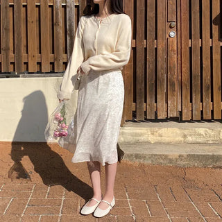 Pink round-neck loose-fitting short long-sleeve knit cardigan