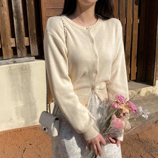 Pink round-neck loose-fitting short long-sleeve knit cardigan