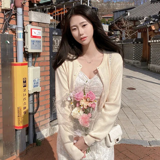 Pink round-neck loose-fitting short long-sleeve knit cardigan