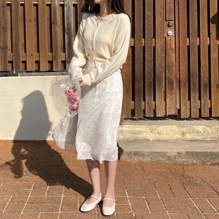 Pink round-neck loose-fitting short long-sleeve knit cardigan