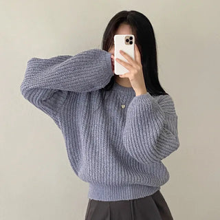 Autumn puff layered loose fit round basic openwork knit