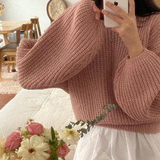 Autumn puff layered loose fit round basic openwork knit