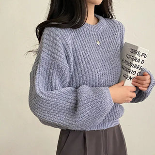 Autumn puff layered loose fit round basic openwork knit