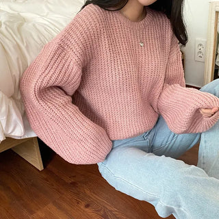 Autumn puff layered loose fit round basic openwork knit
