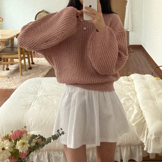 Autumn puff layered loose fit round basic openwork knit