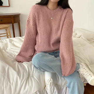 Autumn puff layered loose fit round basic openwork knit