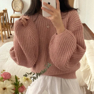 Autumn puff layered loose fit round basic openwork knit