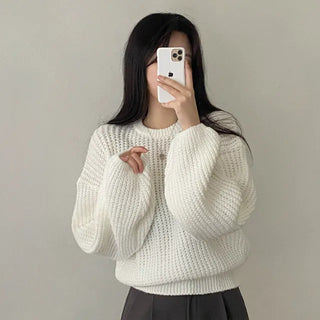 Autumn puff layered loose fit round basic openwork knit