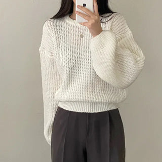 Autumn puff layered loose fit round basic openwork knit