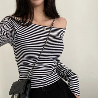Autumn semi-cropped long-sleeved striped off-shoulder t-shirt
