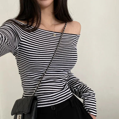 Autumn semi-cropped long-sleeved striped off-shoulder t-shirt