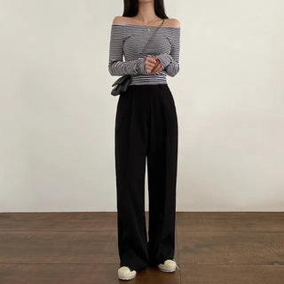 Autumn semi-cropped long-sleeved striped off-shoulder t-shirt