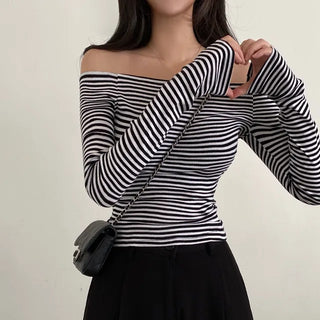 Autumn semi-cropped long-sleeved striped off-shoulder t-shirt