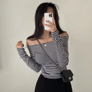 Autumn semi-cropped long-sleeved striped off-shoulder t-shirt