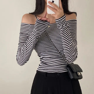 Autumn semi-cropped long-sleeved striped off-shoulder t-shirt