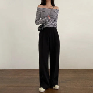 Autumn semi-cropped long-sleeved striped off-shoulder t-shirt