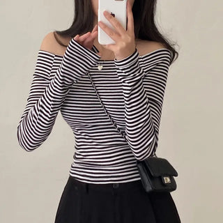Autumn semi-cropped long-sleeved striped off-shoulder t-shirt