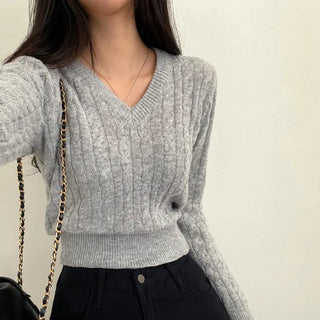 Wool cropped twist pink V-neck knit