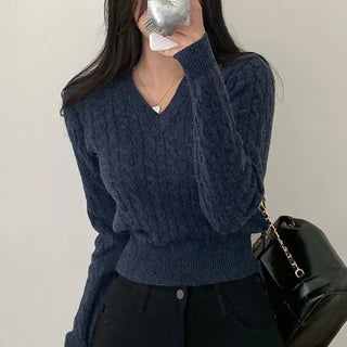 Wool cropped twist pink V-neck knit