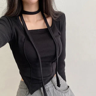 Autumn long-sleeved square neck tie ribbon asymmetrical cropped T-shirt