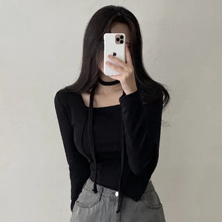Autumn long-sleeved square neck tie ribbon asymmetrical cropped T-shirt