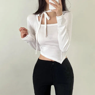 Autumn long-sleeved square neck tie ribbon asymmetrical cropped T-shirt