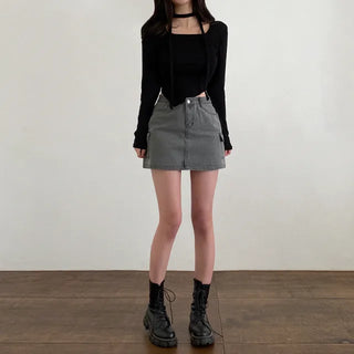 Autumn long-sleeved square neck tie ribbon asymmetrical cropped T-shirt