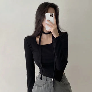 Autumn long-sleeved square neck tie ribbon asymmetrical cropped T-shirt