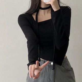 Autumn long-sleeved square neck tie ribbon asymmetrical cropped T-shirt