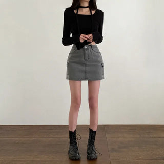 Autumn long-sleeved square neck tie ribbon asymmetrical cropped T-shirt