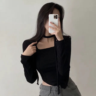 Autumn long-sleeved square neck tie ribbon asymmetrical cropped T-shirt