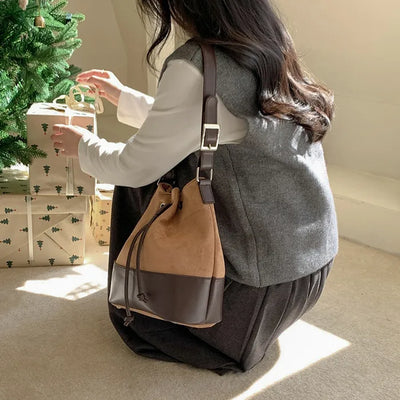 Suede Buckle Leather Bucket Bag/Shoulder Bag
