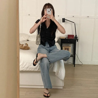 Washed straight denim pants