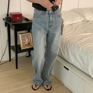 Washed straight denim pants