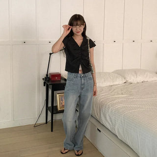 Washed straight denim pants