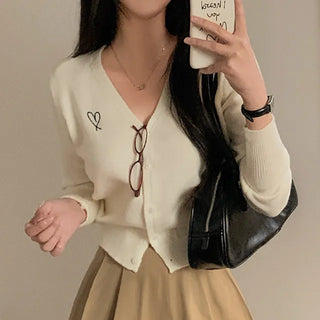 V-neck layered heart stitch knit cardigan