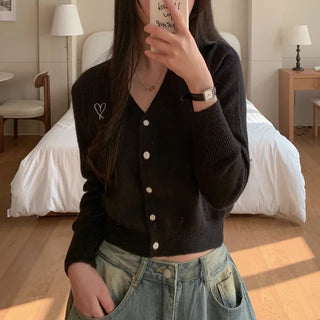 V-neck layered heart stitch knit cardigan