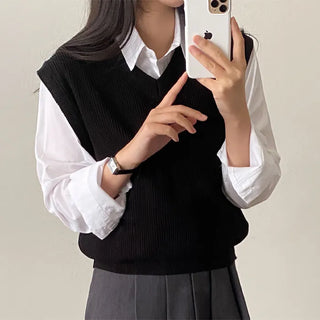 Autumn V-neck ribbed sleeveless gray loose-fit knit vest