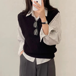 Autumn V-neck ribbed sleeveless gray loose-fit knit vest