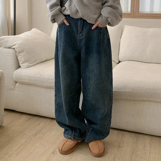 Fleece-lined baggy denim pants