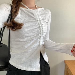 Shirred halter neck long-sleeved T-shirt