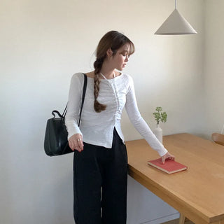 Shirred halter neck long-sleeved T-shirt