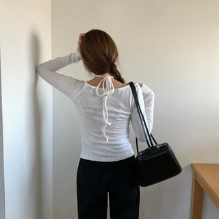 Shirred halter neck long-sleeved T-shirt
