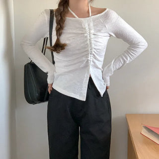 Shirred halter neck long-sleeved T-shirt