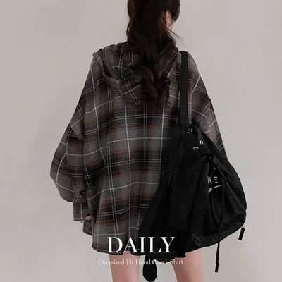 Autumn Oversized Shirt with Hood, Long Sleeves