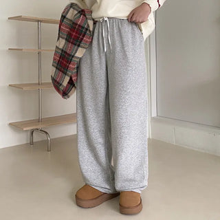 Brushed-back cotton elastic waist training wide pants