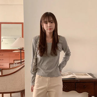 Modal U-neck long-sleeved T-shirt